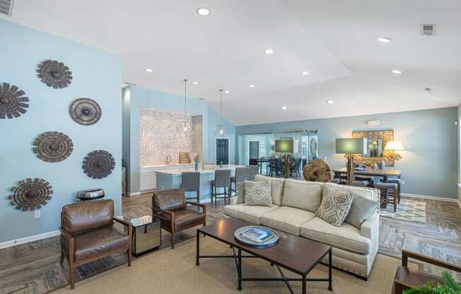 a living room with a couch and a table
