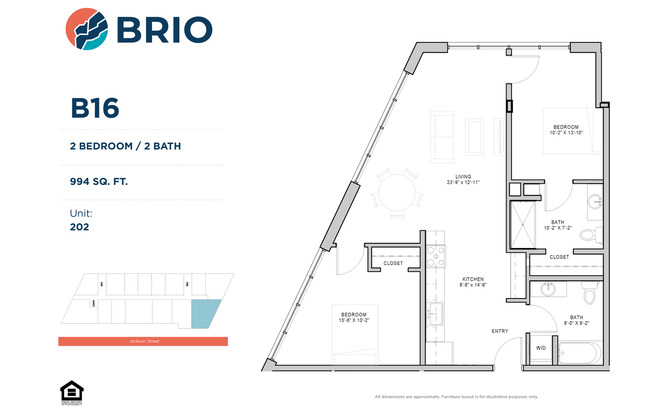2 beds, 2 baths, 994 sqft, $1,750, Unit 202