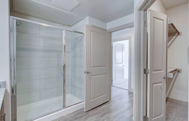 A bathroom with a walk-in shower and a white door.