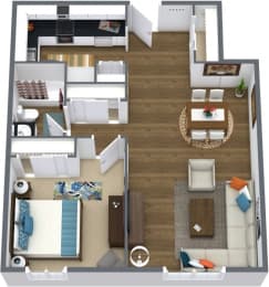 a 3d drawing of our 1 bedroom apartment at princeton court apartments in dallas