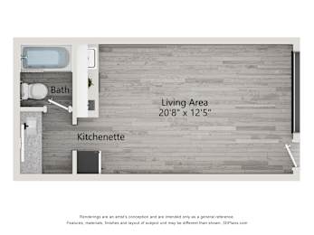 Studio, 1 bath, 334 sqft, $769