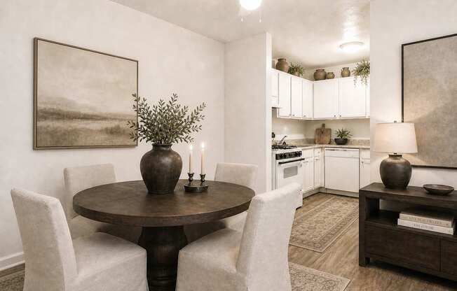 A dining room with a round table and chairs.