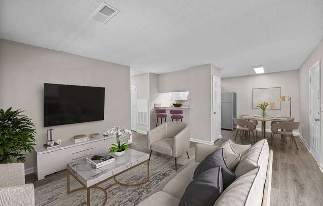addison point interior staged model a living room with a couch and a table and a television