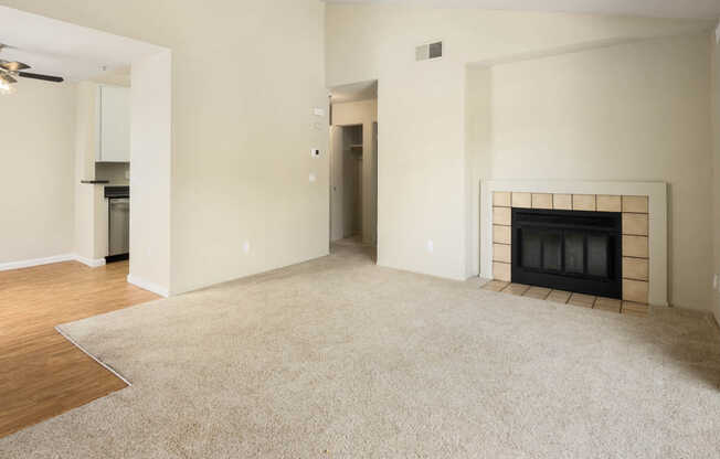 Carpeted Living Room with Fireplace