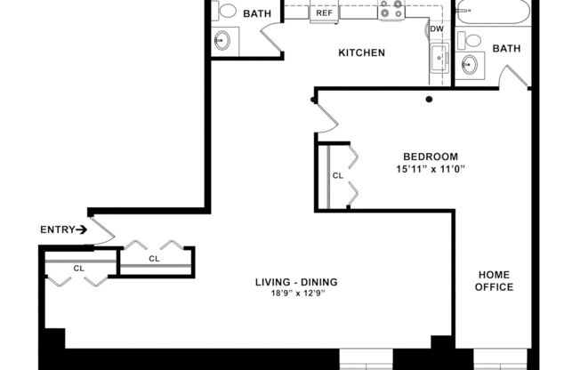 1 bed, 1.5 baths, 594 sqft, $2,035