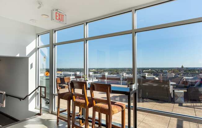 Floor to ceiling windows with view of downtown