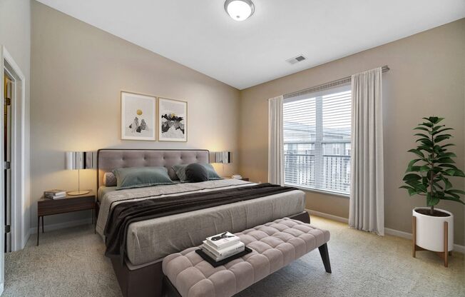 a bedroom with a bed and a window