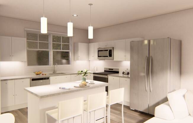 a kitchen with white cabinets and a white island with white chairs at Brownstones at Palisade Park, Broomfield Colorado