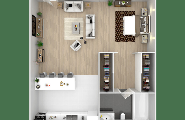 A 3D rendered image of a modern kitchen and living room.