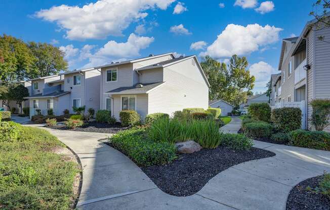 Community Grounds with walk paths, mature landscaping and views of the apartment buildings.  