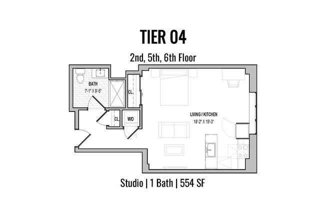 Studio, 1 bath, 554 sqft, $2,299, Unit 604