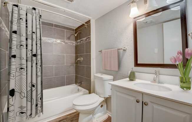 a bathroom with a shower curtain and a toilet and a sink