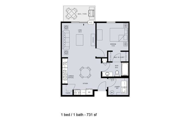 1 bed, 1 bath, 731 sqft, $850, Unit 107