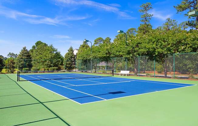 A tennis court surrounded by trees and a fence.