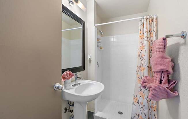 A bathroom with a sink, mirror, and shower.