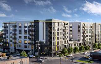 a rendering of an apartment building with a blue sky in the background at Link Apartments® Mint Street, Charlotte, NC, 28203