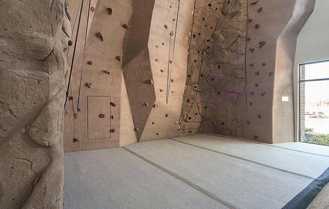 A climbing wall in a gym with a window on the side.