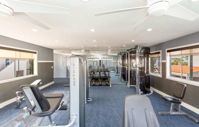 Apartments for Rent in Colton, CA - Ardella at Reche Canyon - Fitness Center with Weight Lifting Equipment, Training Machines, Large Windows, and Ceiling Fans