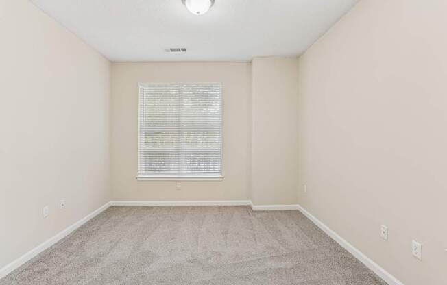 A room with a carpeted floor and a window with blinds.