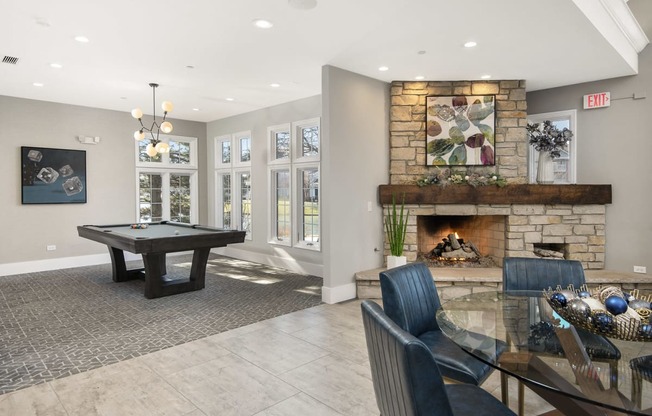 803 Corday at Naperville - Recreation Area with Billiards Table, Fireplace, and Lounge Seating