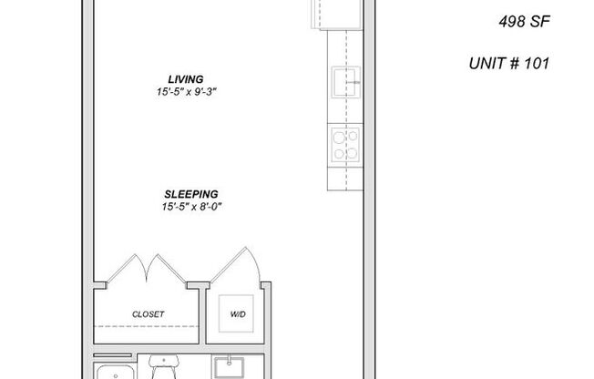 Studio, 1 bath, 498 sqft, $1,499, Unit 101