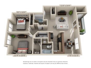 2 beds, 2 baths, 966 sqft, $2,070