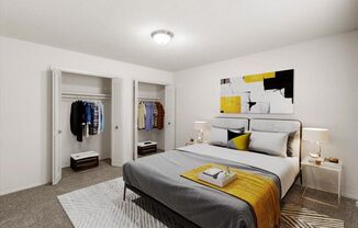 a bedroom with a bed and a closet