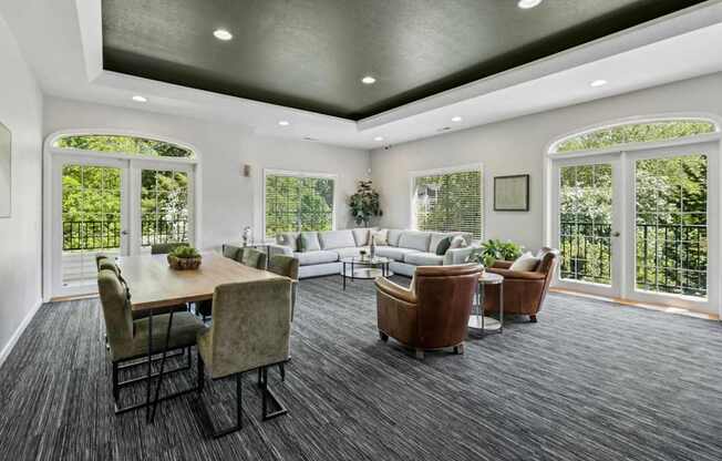 A spacious room with windows