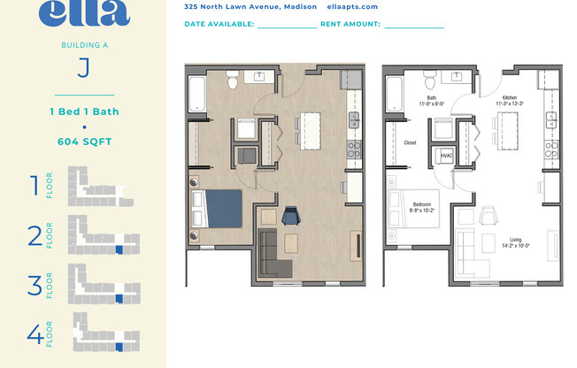 1 bed, 1 bath, 604 sqft, $1,395, Unit A406