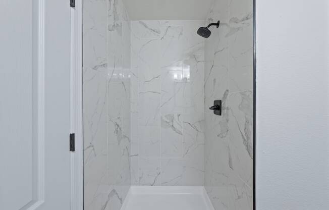 a bathroom with a shower and a sink