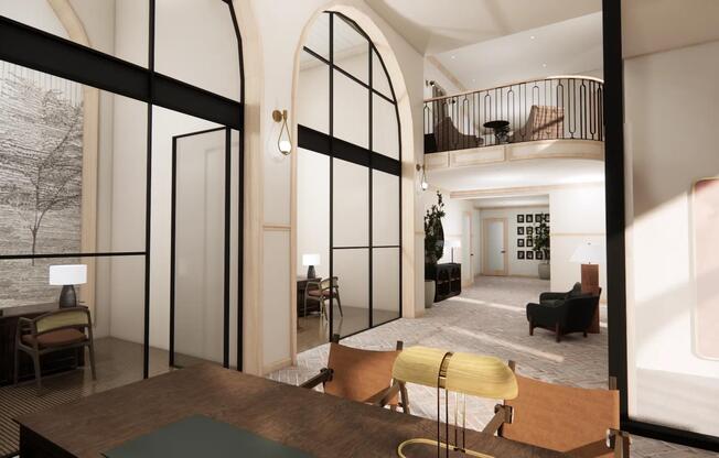 Hotel inspired lobby with coffee bar.