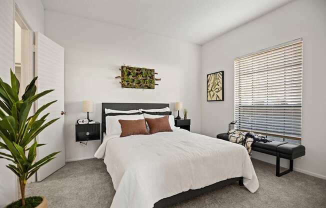 A bedroom with a large bed, a potted plant, and a bench.