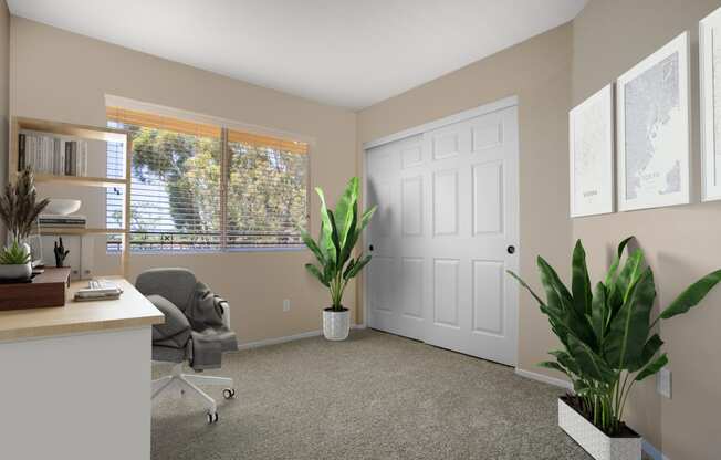 an office with a white door and a chair and plants