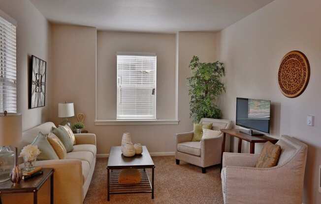 a living room with couches and chairs and a television