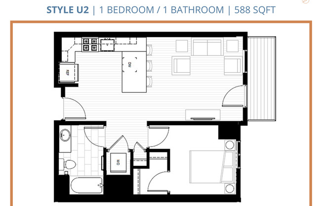 1 bed, 1 bath, 588 sqft, $1,380, Unit 424