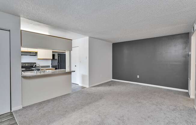 the living room and kitchen of an apartment with a gray carpet and white walls