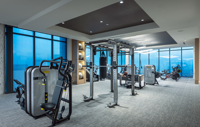 Indoor gym with weight machines, treadmills, ellipticals, stationary bikes, a squat rack, a punching bag, medicine balls, and two full walls of windows overlooking the city.