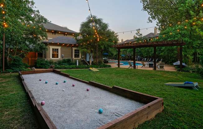 The Estates at River Pointe bocce ball court and sandbag toss