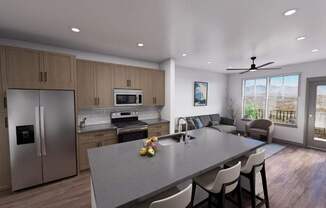 A modern kitchen with a dining table and chairs at Refinery at Pointe17 Apartments, Phoenix