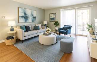 A living room with a white couch, a blue chair, and a grey ottoman.