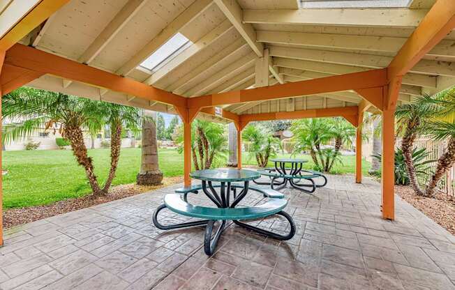 A patio with a table and chairs under a roof.