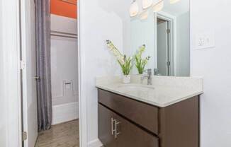 A bathroom with a brown vanity and a mirror above it.