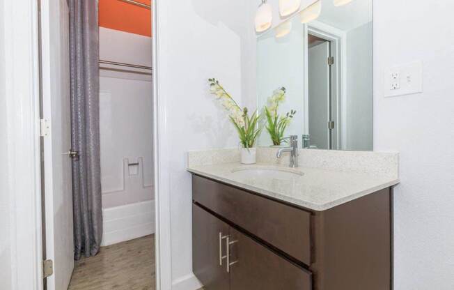 A bathroom with a brown vanity and a mirror above it.
