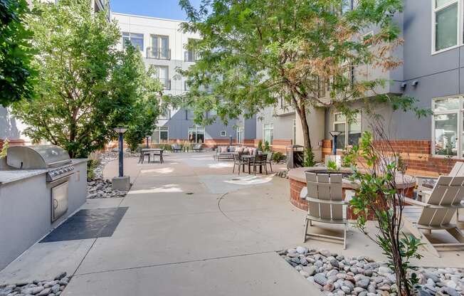 an outdoor patio with trees and chairs and a grill