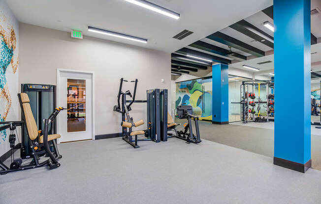 a gym with exercise equipment and a mural on the wall