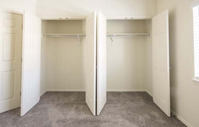 A room with two open closets and carpeted floor.