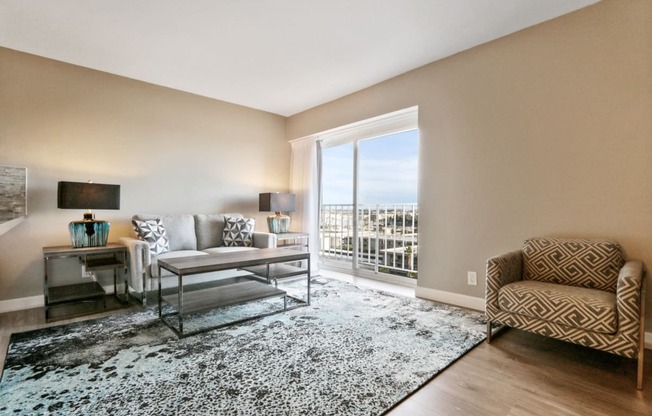 Furnished Living room with balcony sliding door, wood-style floorings