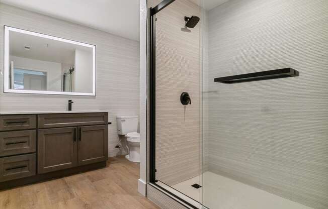 a bathroom with a shower and a sink and a toilet