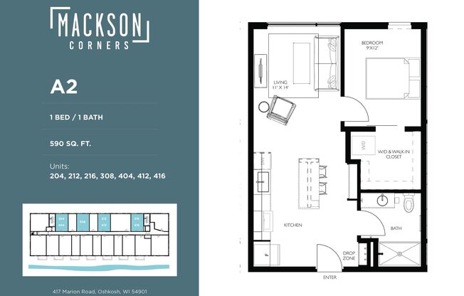 1 bed, 1 bath, 590 sqft, $1,395, Unit 212