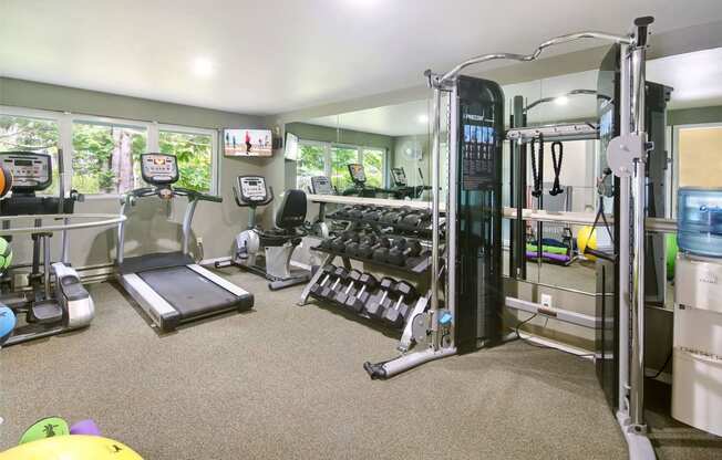 a gym with weights and cardio equipment in a room with windows